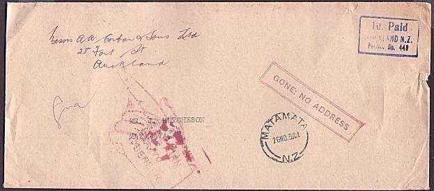 NEW ZEALAND 1952 cover to Matamata : GONE NO ADDRESS