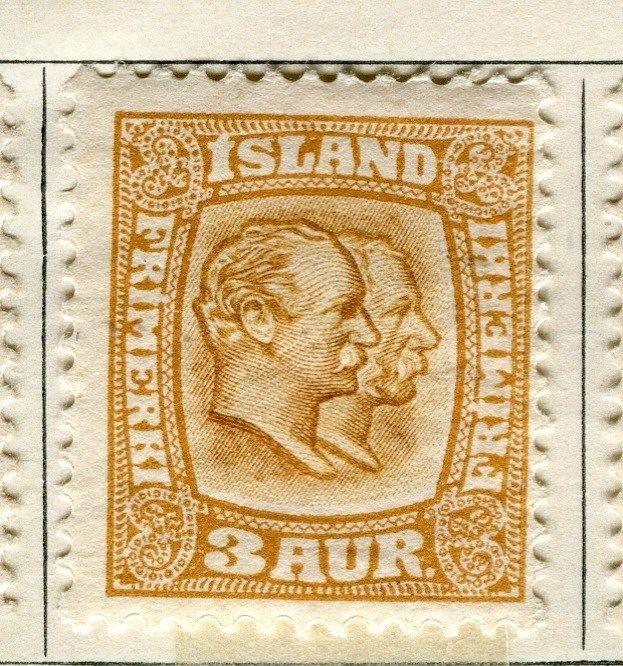 ICELAND;  1907 early Double Head issue Mint hinged 3a. value