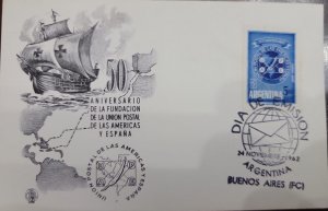 D)1962, ARGENTINA, FIRST DAY COVER, ISSUE, 50TH ANNIVERSARY OF THE POSTAL UNION