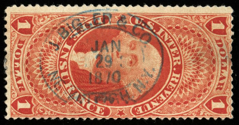 B627 U.S. Revenue Scott #R71c $1 Life Insurance 1870 blue handstamp cancel