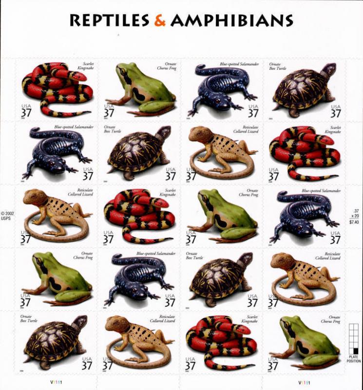 2003 37c Reptiles & Amphibians, Sheet of 20 Scott 3814-18 Mint F/VF NH