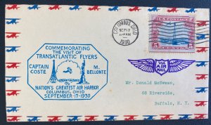 1930 Columbus OH USA Early Airmail cover  Transatlantic Costes Bellonte Visit