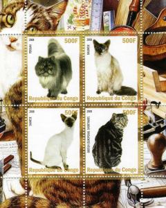Congo 2008 DOMESTIC CATS Sheet (4) Perforated Mint (NH)