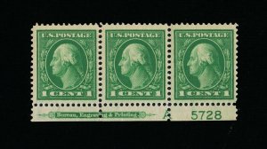 GENUINE SCOTT #405 MINT OG NH-2 H-1 FULL BEP IMPRINT PLATE A- 5728 STRIP OF 3