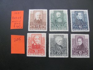 AUSTRIA 1931 MOSTLY MNH SC B93-98 SET  XF $160 (205)