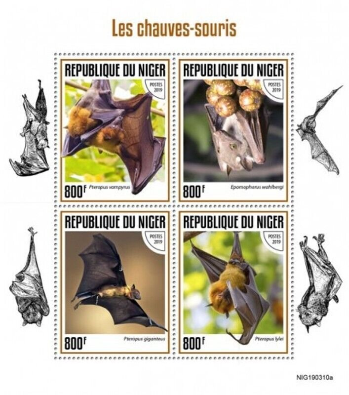 Niger - 2019 Bats on Stamps - 4 Stamp Sheet - NIG190310a