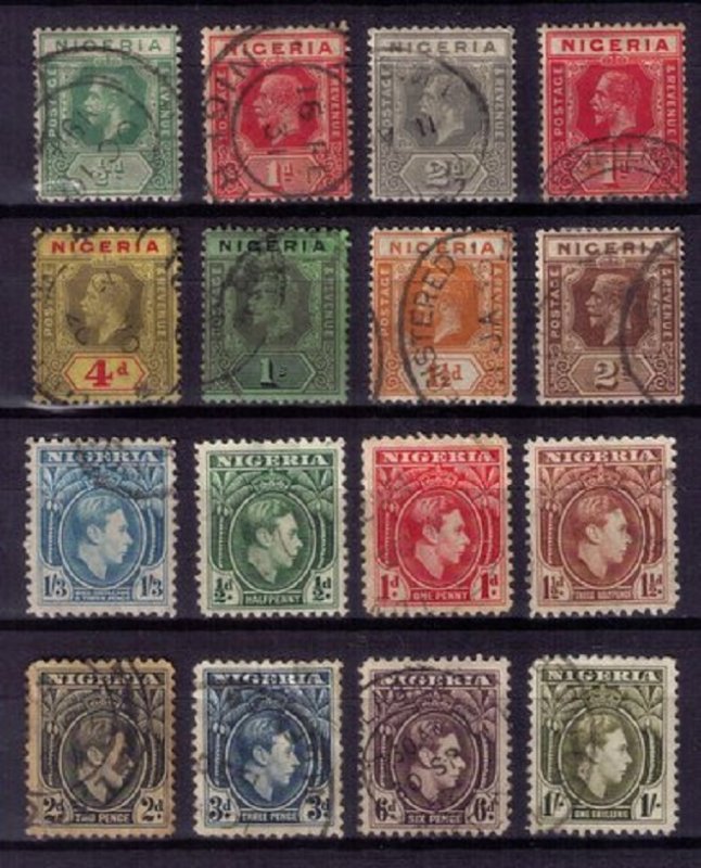 Nigeria 1914 - 1935 LOT OF SIXTEEN (16 EACH) USED F-VF