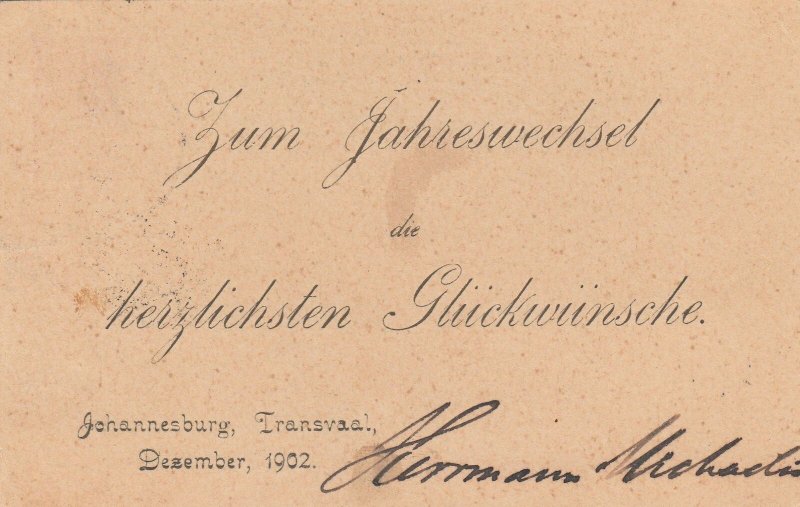 Transvaal - Johannesburg Dec 7 1902 Card to Germany