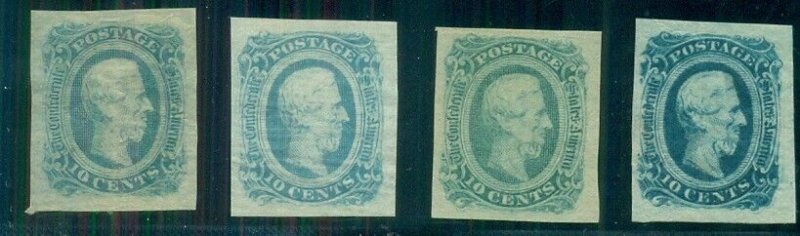 CONFEDERATE STATES #12,a,c,d, 10¢ blue in shades (4) unused partial og, Sc. $141