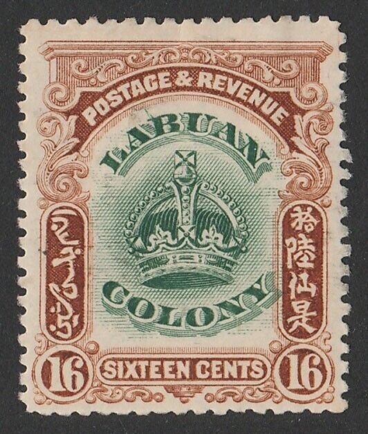 LABUAN 1902 Crown 16c green & brown, variety 'line through B'.