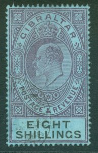 SG 54 Gibraltar 1903. 8/- dull purple & black/blue. Very fine used, leaving...