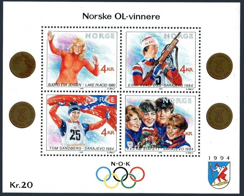 Norway 946 ad sheet, MNH. 1989. Olympics Lillehammer-1994. Gold Medalists.