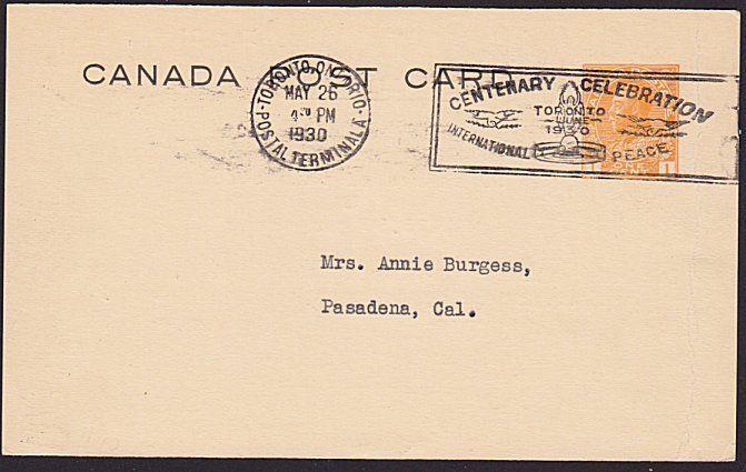 CANADA 1930 postcard International Peace Centenary slogan cancel............7670