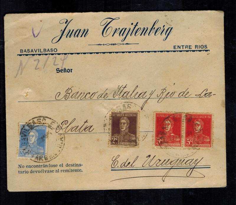 1924 Basavilbaso Argentina Judaica Cover Bank of Italy Uruguay Juan Trajtenberg