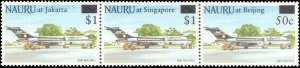 Nauru #427a, Complete Set, Strip of 3, 1995, Airplanes, Never Hinged