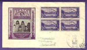 800  ALASKA 3c  BLK/4 1937 AT D.C., IOOR FIRST DAY OF SALE COVER.