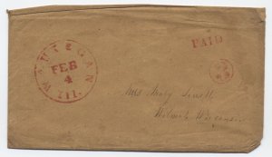 1850s Waukegan IL red CDS stampless cover paid, 3 in circle rate [h.4628]