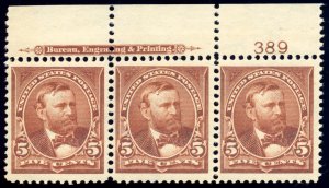 US 270 5c 1895 Ulysses S. Grant watermarked F-VF NH plate strip of 3