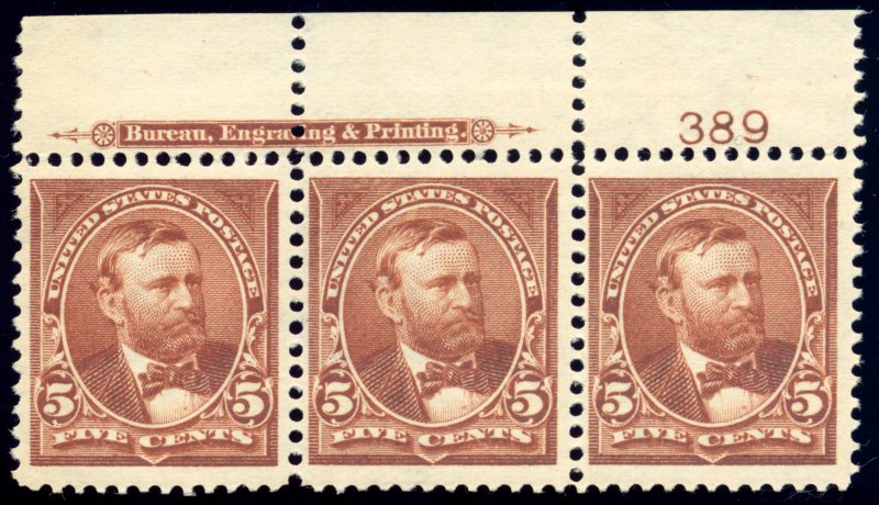 US 270 5c 1895 Ulysses S. Grant watermarked F-VF NH plate strip of 3