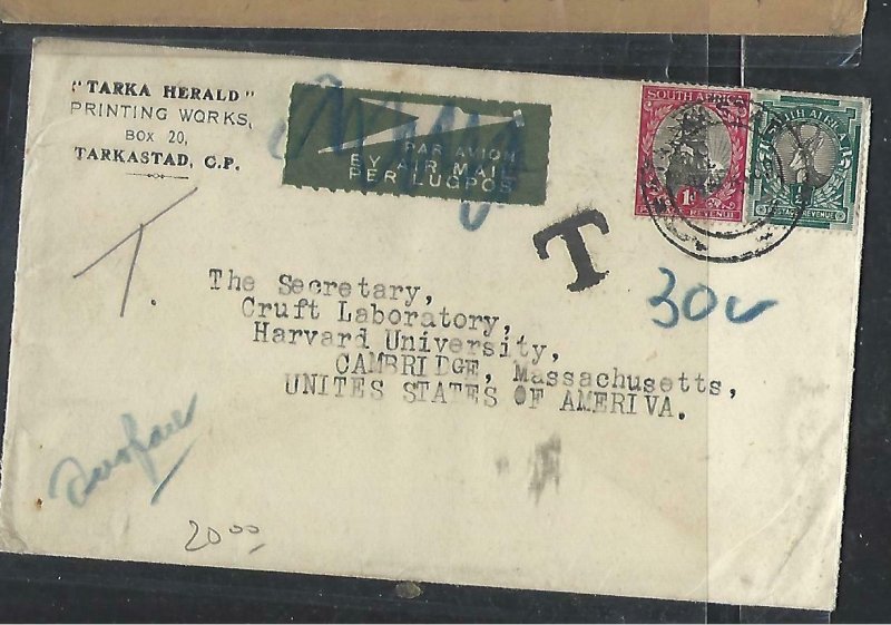 SOUTH AFRICA COVER (PP0811B) 1947 COVER   1/2D+1D  TO US  SHORT PAID TAXED 30C