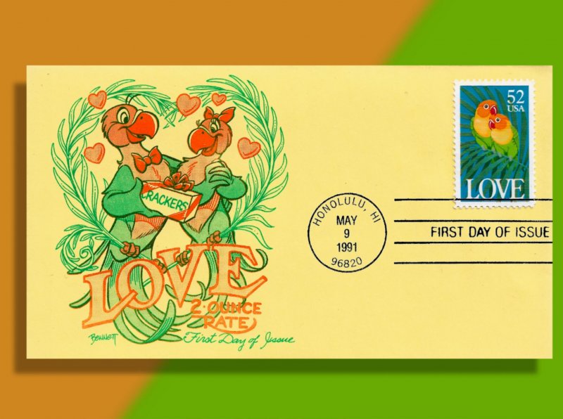 Parrots in Love!  1991 52¢ Love FDC - Polly Want a Cracker??