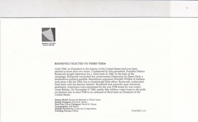 Marshall Islands 1990 Roosevelt Elected £rd Term Pic + Stamp FDC Cover Ref 32056