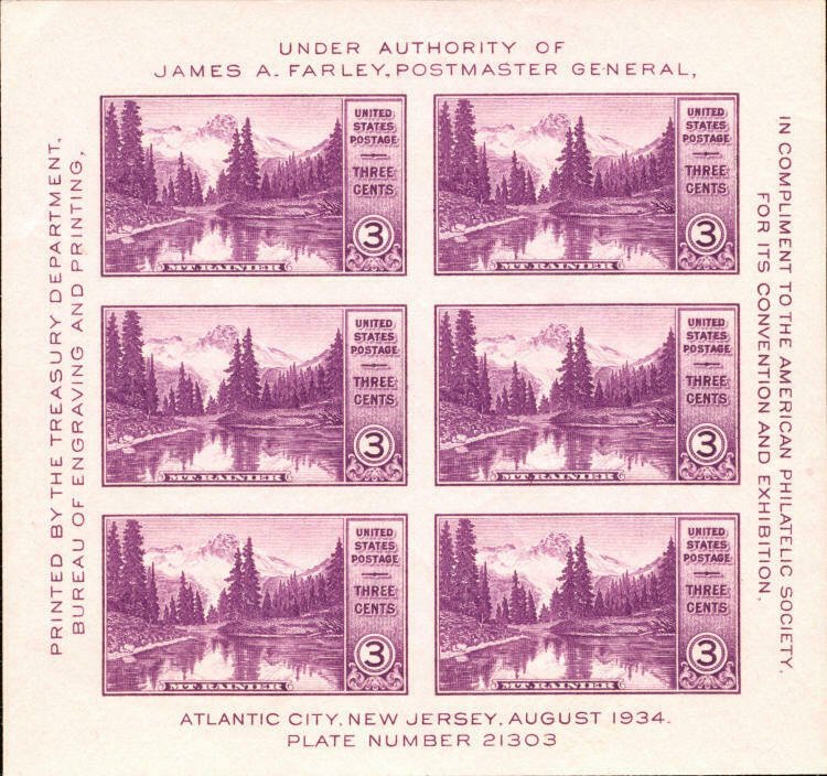 #750.Souvenir sheet block of 6-3 cent stamps Mt. Rainier ⭐⭐⭐⭐⭐⭐