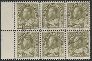 Canada #119 20c George V Admiral Used Block of 6 Fine Centered Light CDS Cancel