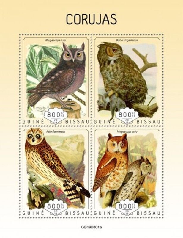 Guinea-Bissau - 2019 Owls on Stamps - 4 Stamp Sheet - GB190801a