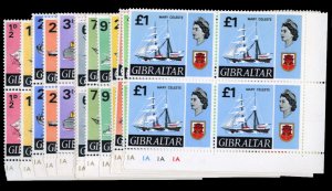 Gibraltar #186-199 Cat$156.60, 1967-69 Ships, complete set in blocks of four,...