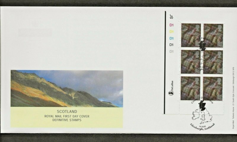 14/10/03 NEW DE LA RUE BYFLEET 2nd,1st,E,68p SCOTLAND EMBLEM,CYL.NO.BLOCKS FDCS 