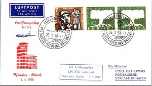 SCHALLSTAMPS GERMANY SCHWEITZ 1958 LUFTHANSA FIRST FLIGHT CACHET AIRMAIL COVER