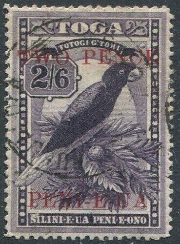 Tonga 1923 SG69 2d on 2/6d Red Shining Parrot #2 FU