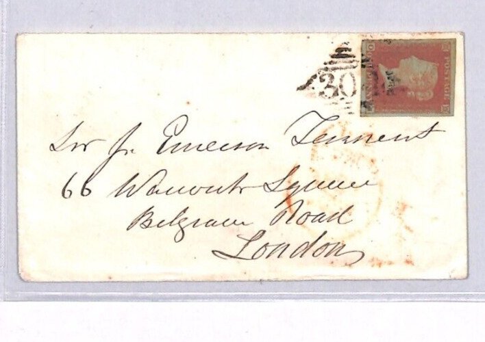 GB IRELAND Cover LISBURN Numeral 1d Red CLEAR PROFILE Large Margins 1852 YB25