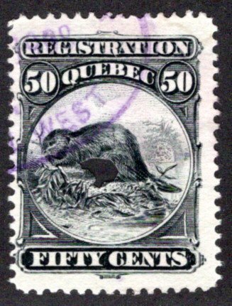 van Dam QR10, 50c, 1870 Beavers, used, Quebec Canada Registration Revenue Stamp