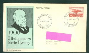 Denmark. 1956 FDC. Cachet. Flight Ellehammer 50 Year. Sc# 360. 30 Ore. Adr: USA