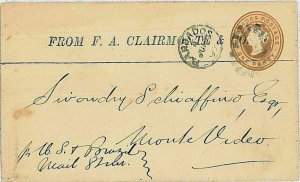 25262 - BARBADOS - POSTAL HISTORY - STATIONERY COVER to URUGUAY!! 1890