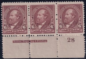 #256 Mint OG, Fine+, Plate number strip of 3, imprint, 2 stamps NH (CV $1,110...