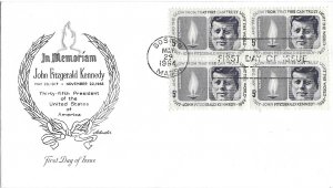 1964 FDC, #1246, 5c John F. Kennedy, Artmaster - single/block of 4