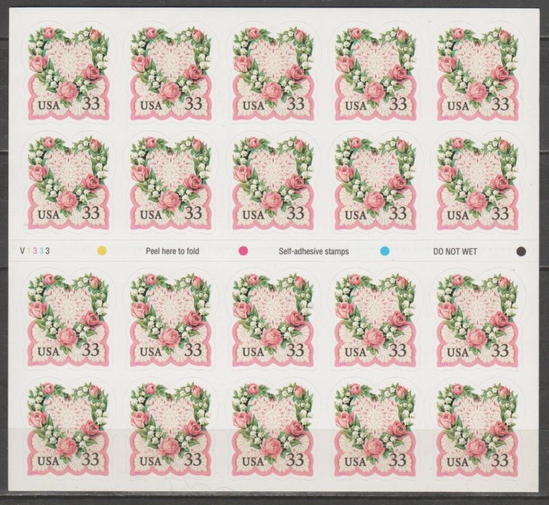 #3274A, Pane-20, Victorian Love PL# V1333. MNH, .33 cent. (Hard to find PL#)