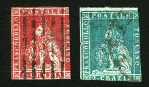 Tuscany Italian States #4 1CR & #5 2CR 1851 Imperf Rare Used Lion of Tuscany