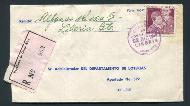 1960 Costa Rica Registered Cover to Lottery Department - Great Backstamps!