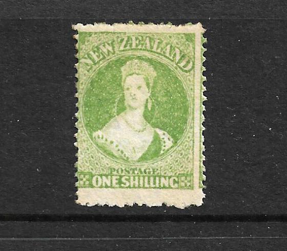 NEW ZEALAND 1864-71  1/- YELLOW GREEN  FFQ  MLH  P12 1/2  CP A6M4  SG 125 CHALON