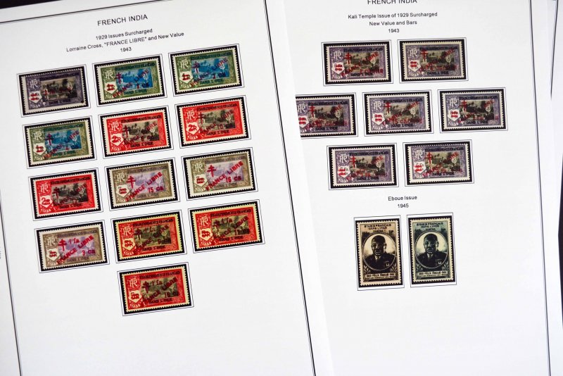 COLOR PRINTED FRENCH INDIA 1892-1954 STAMP ALBUM PAGES (29 illustrated pages)