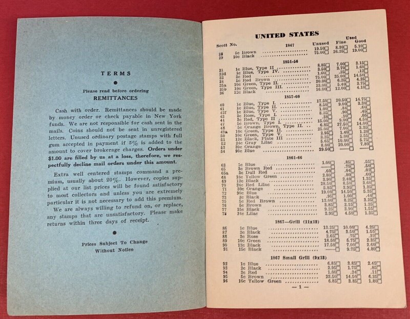 Metropolitan Stamps, New York City, 1939 and 1940 United States Price Lists