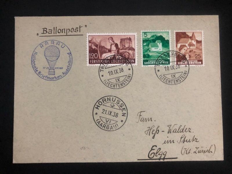 1938 Triesenberg Lichtenstein Balloon Airmail cover to Switzerland Via Germany