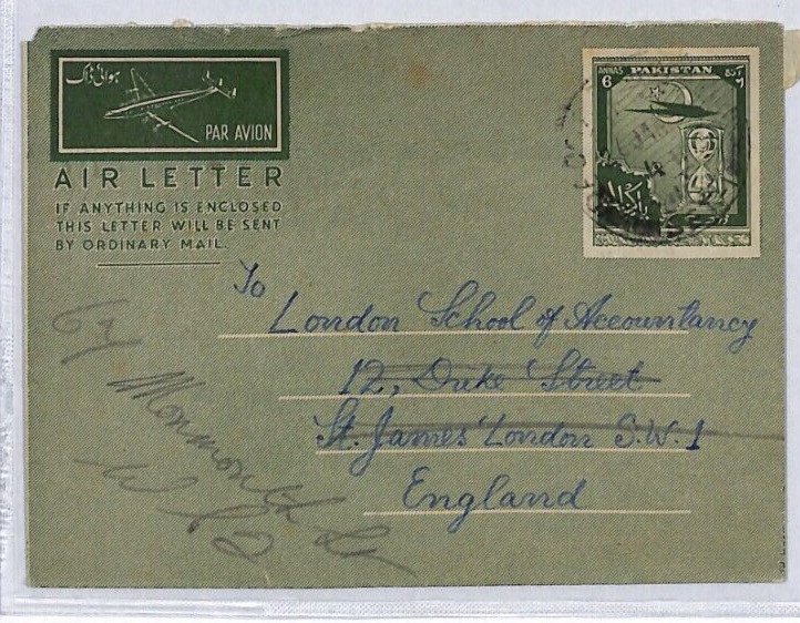 PAKISTAN AIR LETTER Stationery Bangladesh Dacca GB London 1954{samwells}ZV199