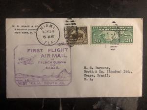 1930 Miami FL USA First Flight Cover FFC To Ceara Brazil FAM 10 Via French Guian