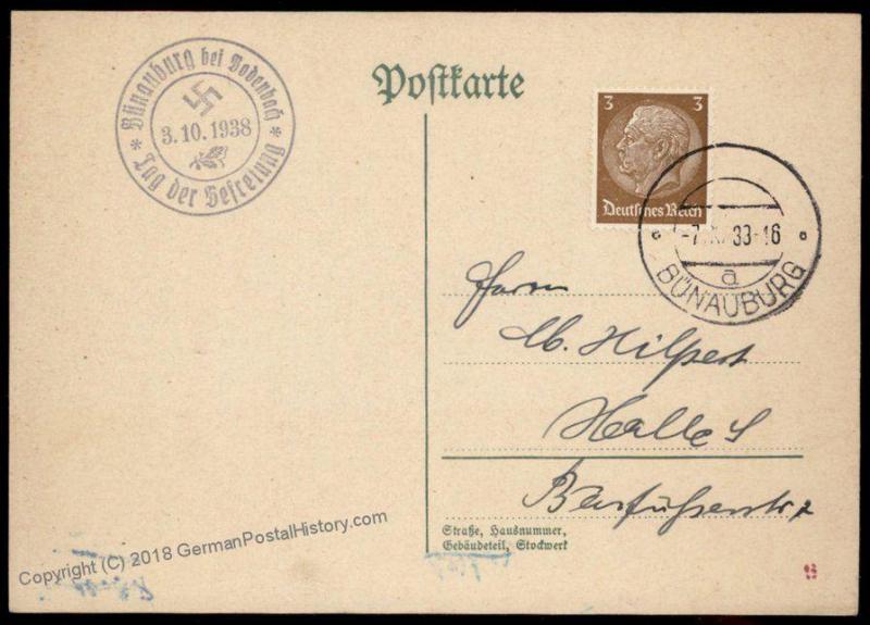 3rd Reich Germany 1938 Buenaburg Sudetenland Annexation Provisional Cover 69839