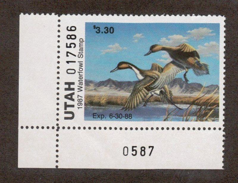 UT2 - Utah State Duck Stamp.Plate Numbered Single.  MNH. OG.. #02 UT2PNSBL